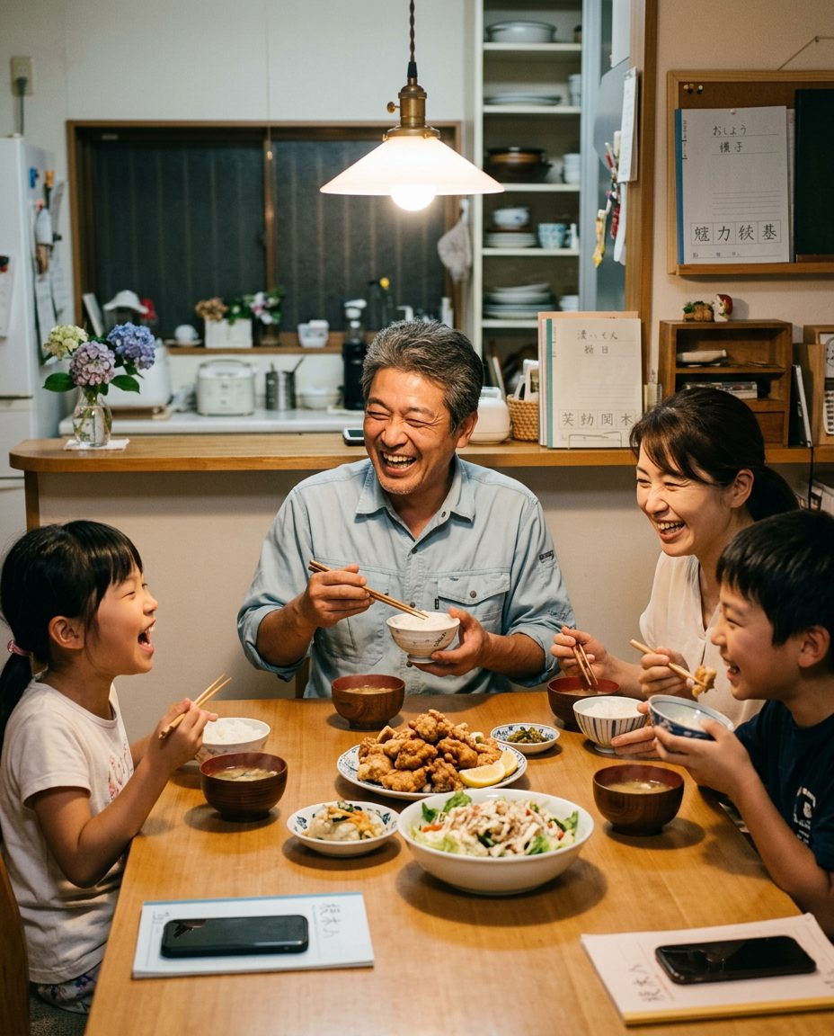 早く帰った父親が家族と食卓を囲んで笑っている夕食の場面