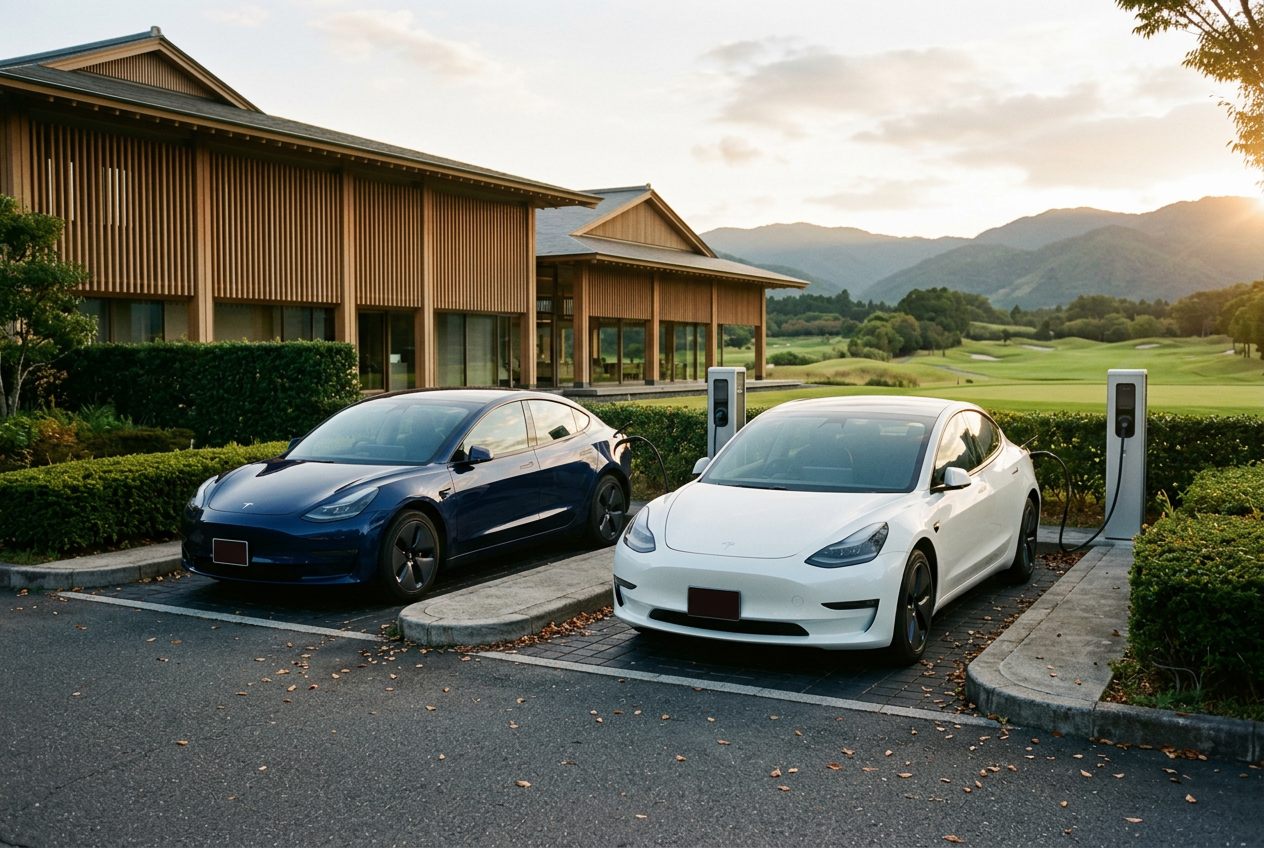 リゾートホテルの駐車場で、2台のスタンド型充電器で充電中の電気自動車