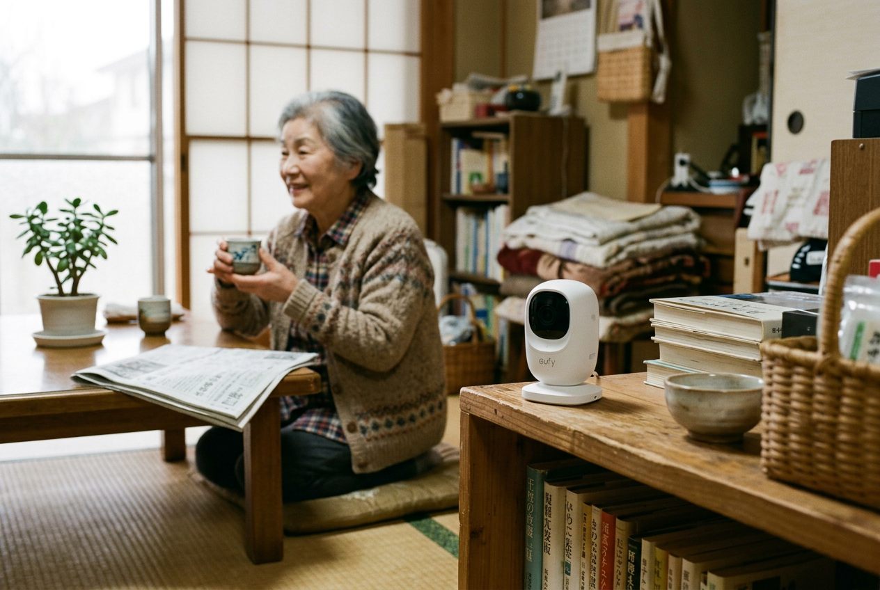 棚の見守りカメラと、お茶を飲む高齢の女性