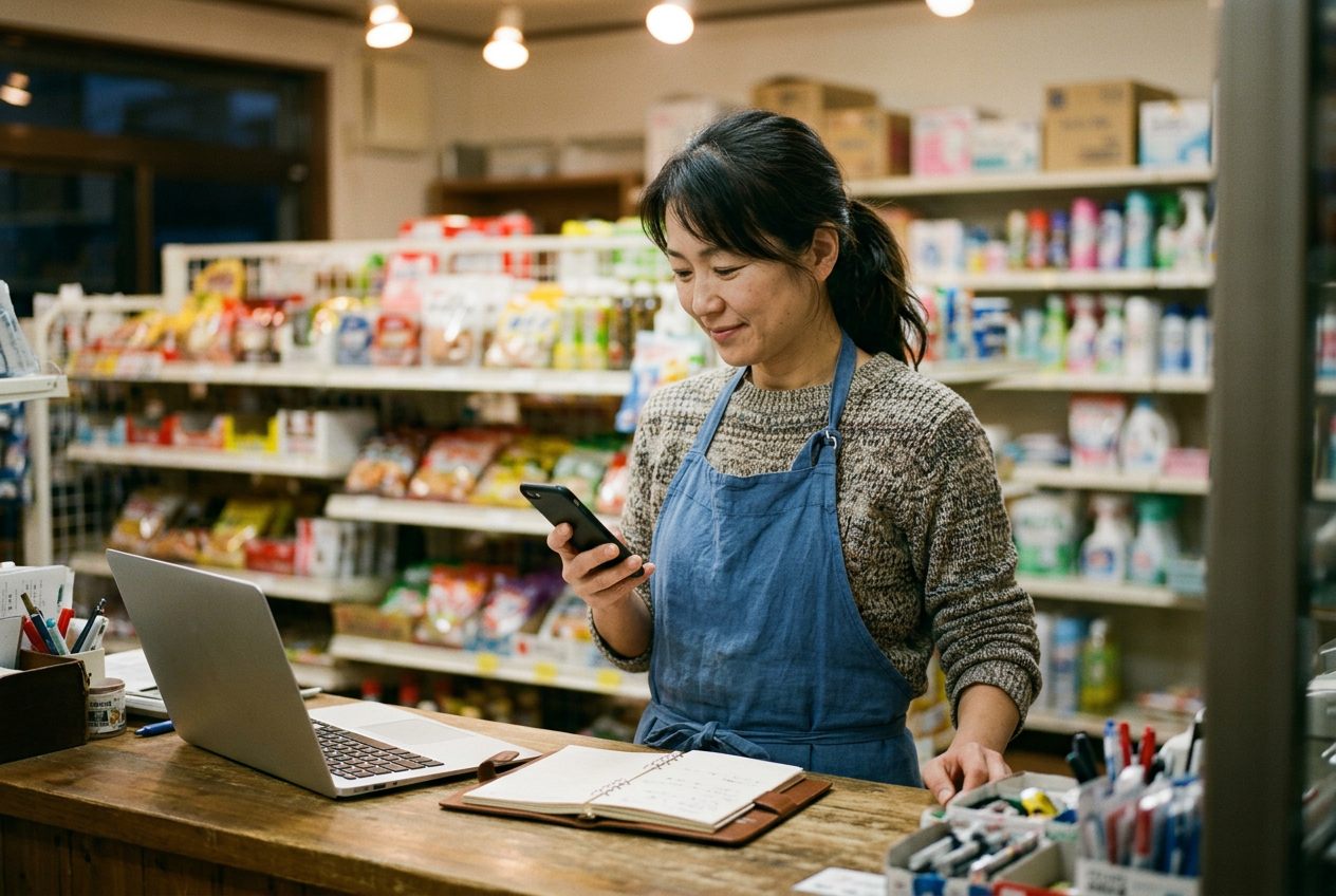 店のカウンターでスマートフォンを確認する店主