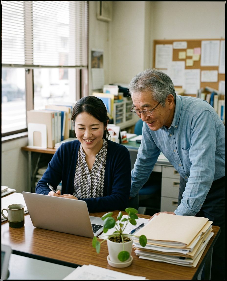 オフィスでAIを使いながら笑顔で仕事を進める社員と年配の上司