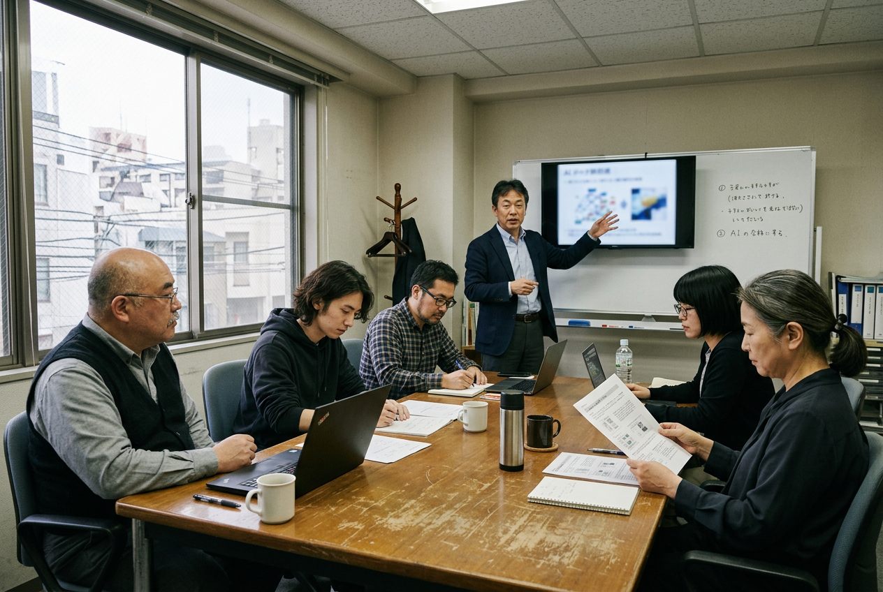 会議室で社員にAIの使い方を説明している研修の様子